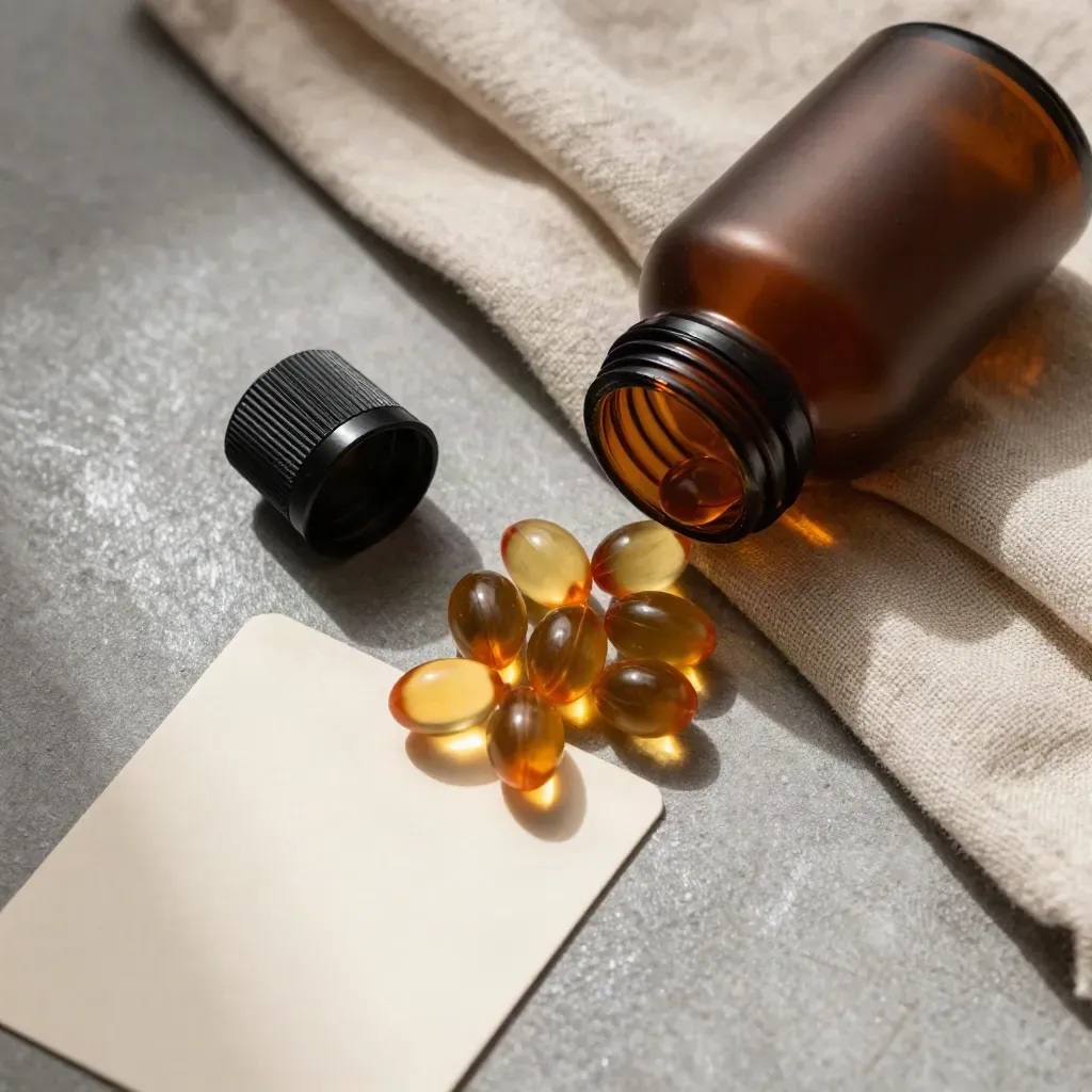 Overhead softgel bottle with fanned capsules and folded linen on pewter concrete.