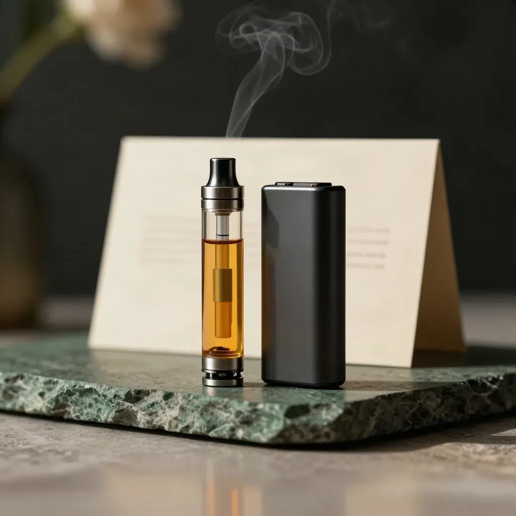 Slim mango CBD vape cart with amber oil, vapor, and dark stone in a premium studio setup.