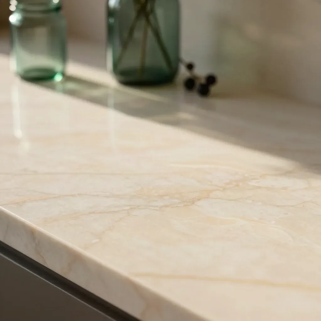 Marble surface with blurred gummy jars and berry stems, calm space below for copy.